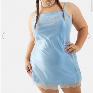 Baby Blue Mesh Slip Dress with Rhinestone Butterfly